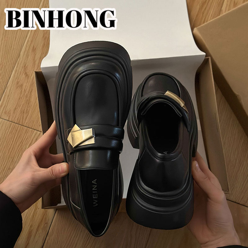 Women's Platform Spring Slip-on Pumps Height Increasing Leather Shoes