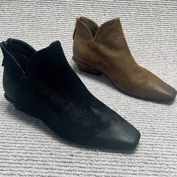 Square Toe Matte Retro Booties Niche Brushed Back Zipper Low Heels