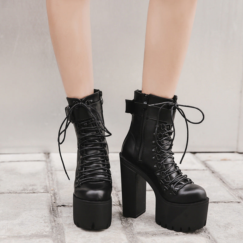 Women's High Platform Black Ankle Chunky Winter Women's Leather Boots