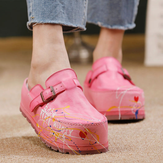 Women's Cowhide Platform Retro Fashion Round Head Slippers
