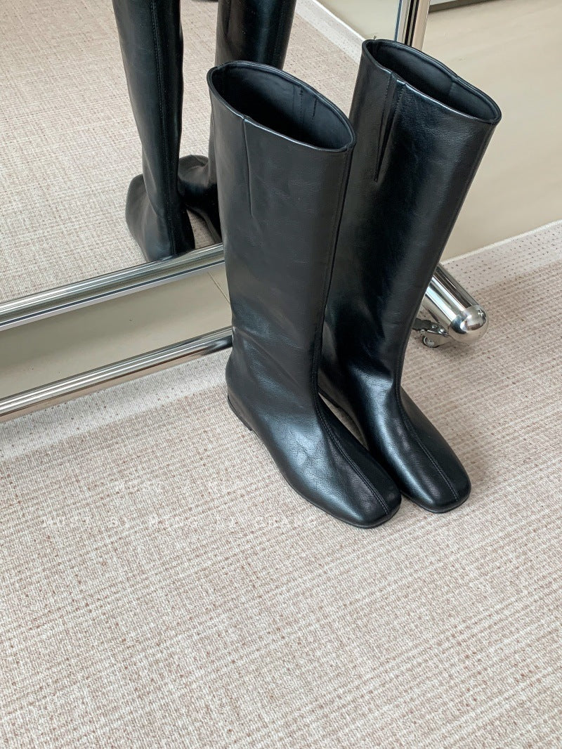 Women's Style Chunky Square Toe High Below The Knee Single White Women's Leather Boots