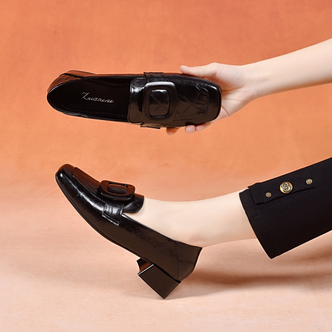 Women's Soft Cattlehide Square Buckle Chunky Autumn Toe Slip-on Comfortable Women's Fashion Shoes