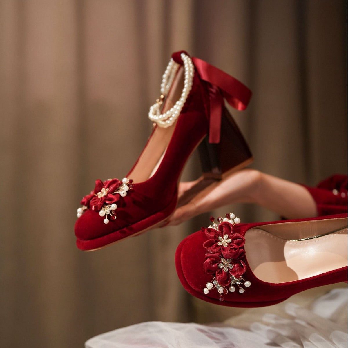 Wine Red Flower Mary Jane Wedding Super High Not Heels