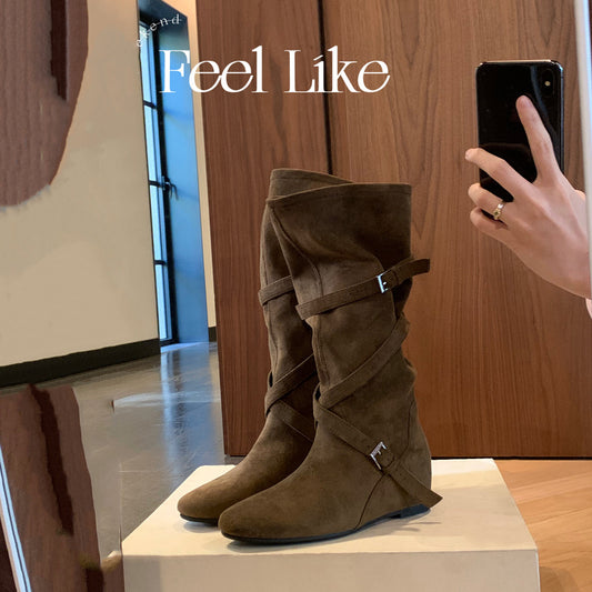 Women's Pile Style Height Increasing Korean Round Toe Buckle Soft Pleated Women's Leather Boots
