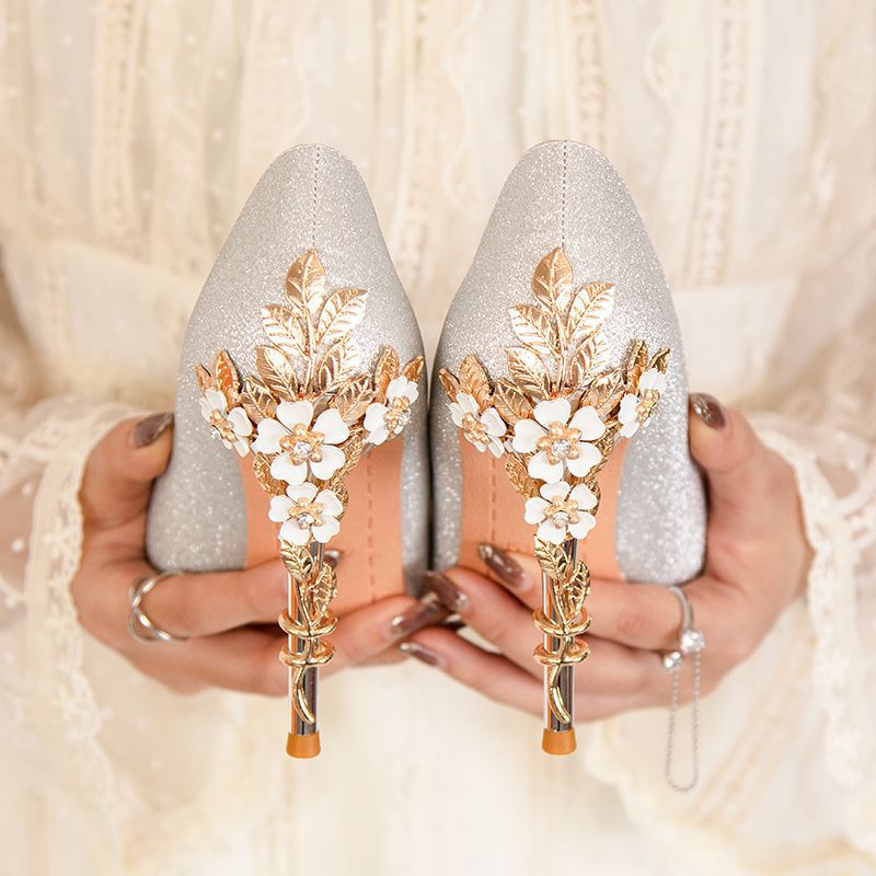 Entry Lux French Pointed Stiletto Satin High Sexy Flowers Design Heels