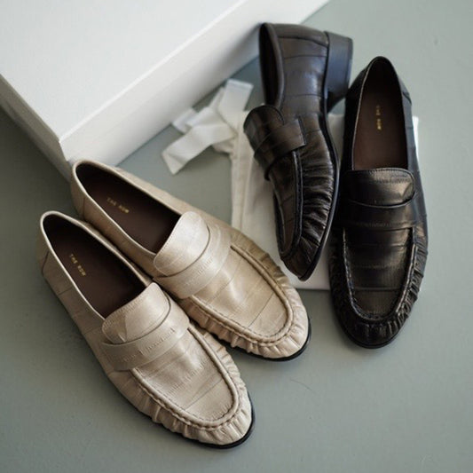 Women's Eel Skin Vintage Crumpled Low-cut Flat Pumps Commuter Small Loafers