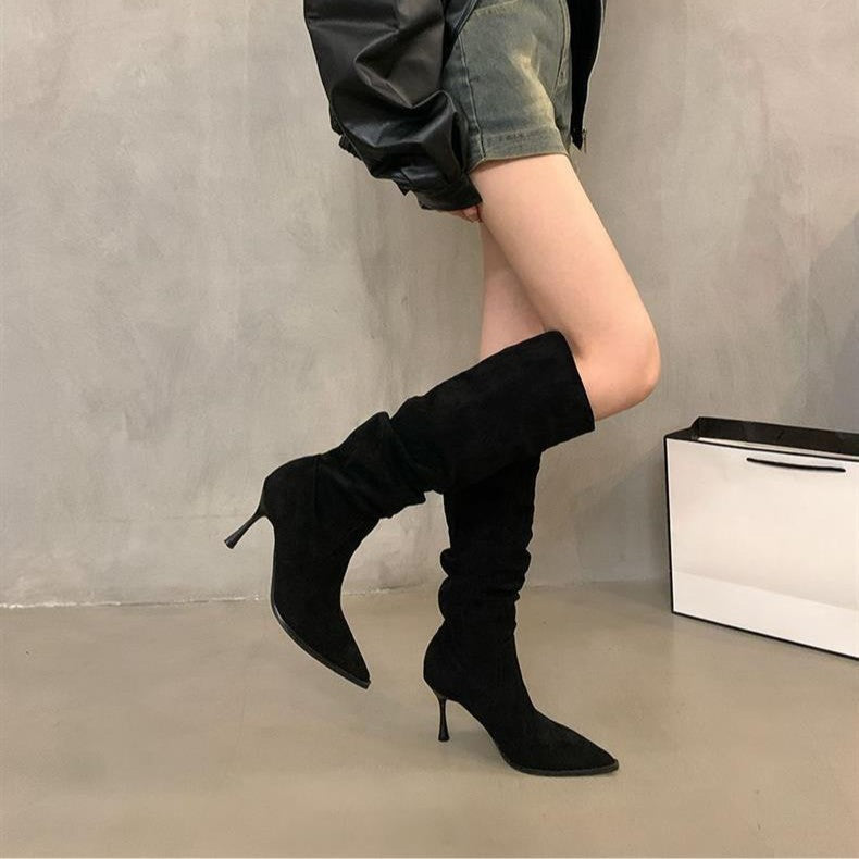 Stiletto Pointed Toe Long Pleated Pile Women's Leather Boots