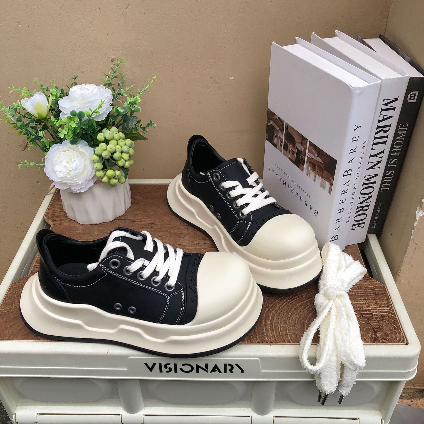 Women's Black White Round Toe Mickey Big Head Ugly Cute Thick Casual Shoes