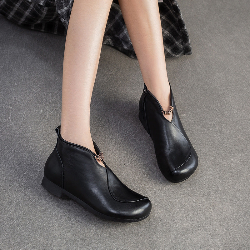 Women's Winter First Layer Cowhide Retro Style Flat Women's Leather Boots