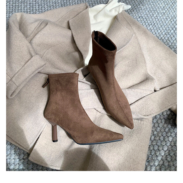 Women's Mom High Pointed Toe Stiletto Zipper Short Women's Leather Boots