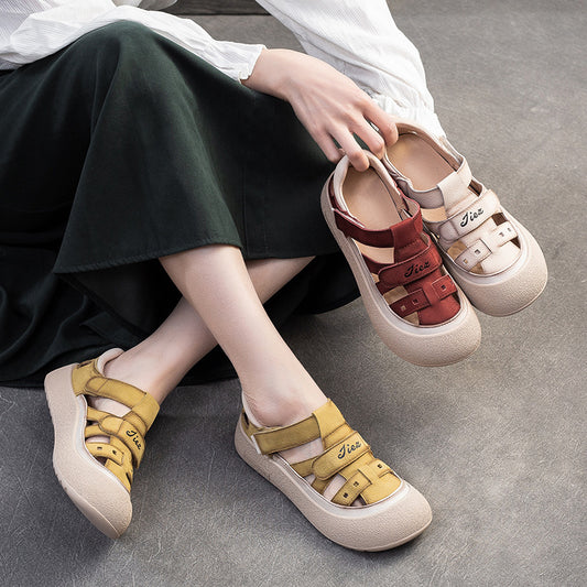 Women's Retro Comfort Breathable Full Grain Cowhide Sports Flat Sandals