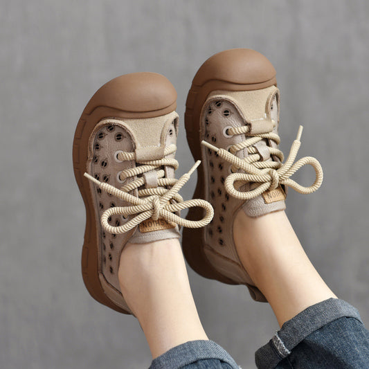 Women's First Layer Cowhide Closed Toe Hole Hollow Flat Retro Lace Platform Sandals
