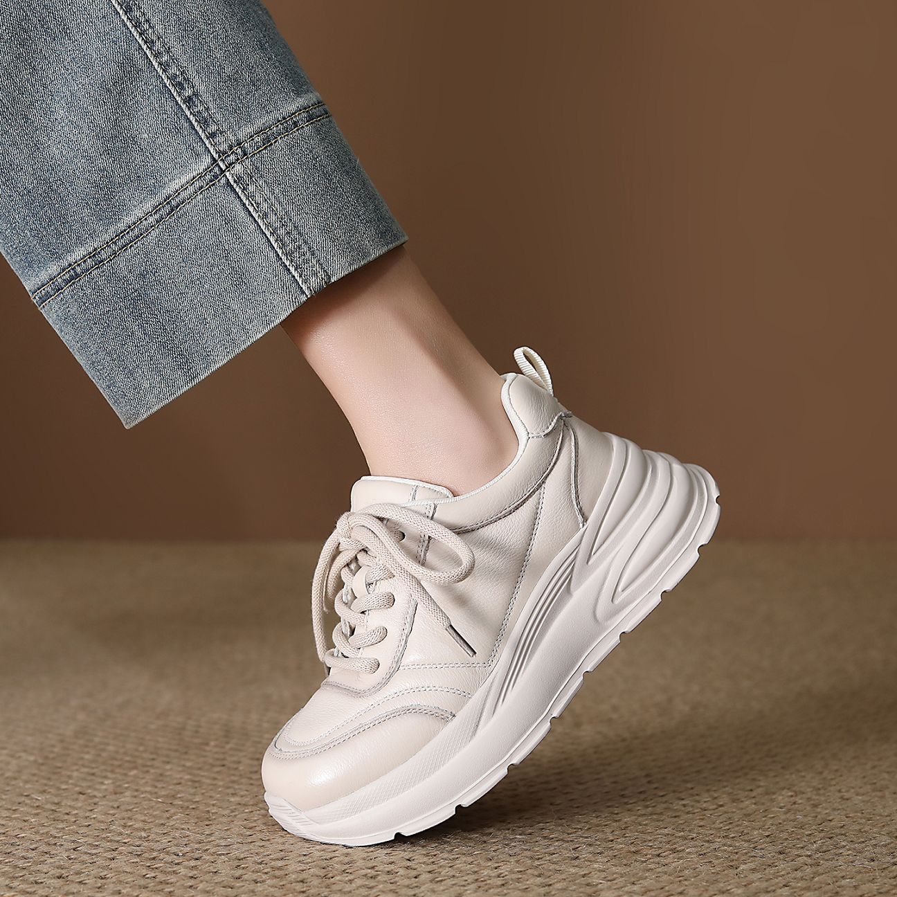 Women's First Layer Cowhide Dad Spring Fashion Boutique Platform Comfortable Casual Shoes