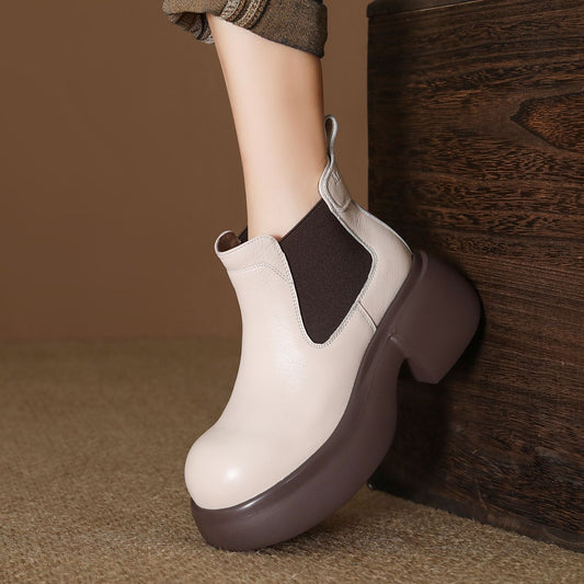 Women's Calfskin First Layer Cowhide Retro Ankle Martin White Chunky Smoke Women's Leather Boots