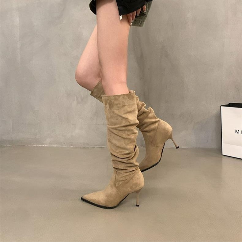 Stiletto Pointed Toe Long Pleated Pile Women's Leather Boots