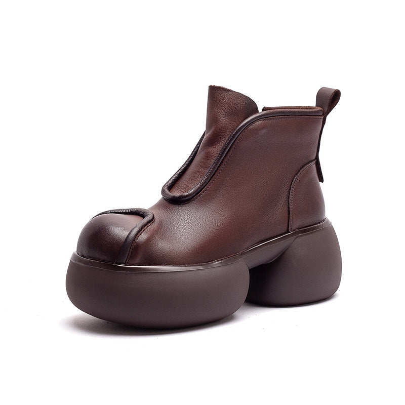 Women's Shu First Layer Cowhide Round Head Chunky Solid Color Women's Leather Boots