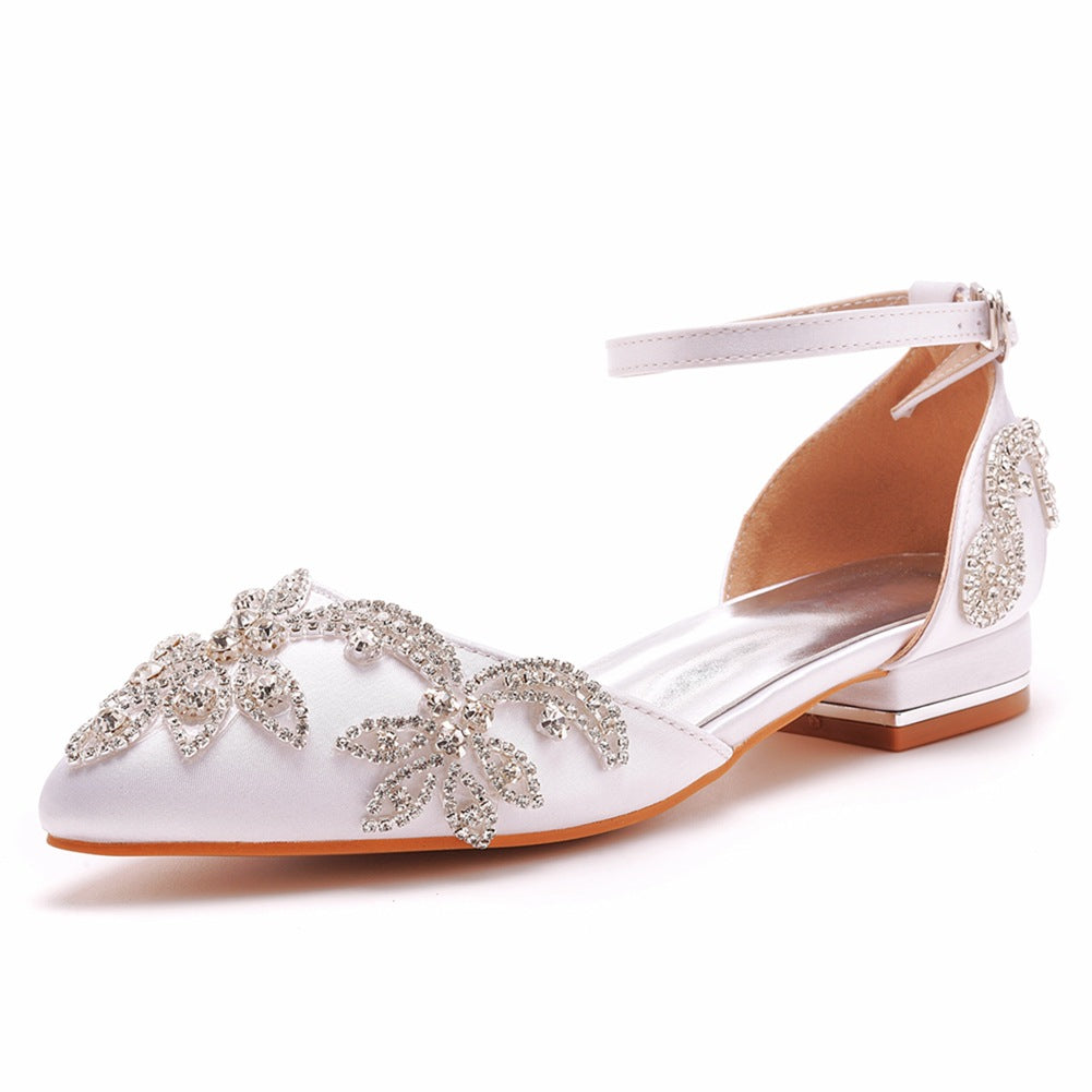 Leisure Hollowed Low Low-cut White Satin Rhinestone Women's Shoes