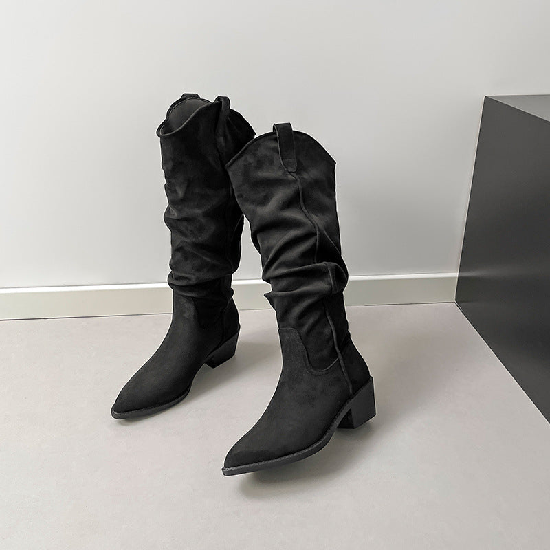 Women's Suede Knight V Buckle Skinny Pile Style Chunky Women's Leather Boots