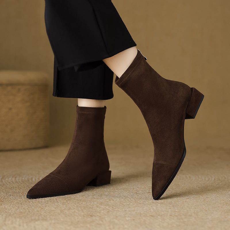 Women's Version Stretch Thin Slim Back Zipper Ankle Thick French Women's Leather Boots