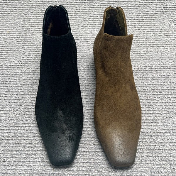 Square Toe Matte Retro Booties Niche Brushed Back Zipper Low Heels