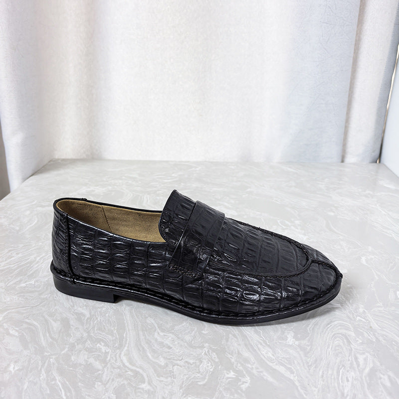 Women's Genuine Flat Round Head Slip-on Simple Fashion British Small Leather Shoes