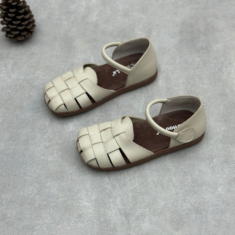 Women's Handmade Genuine Summer Woven Super Soft Bottom Surface Low Block Flat Sandals