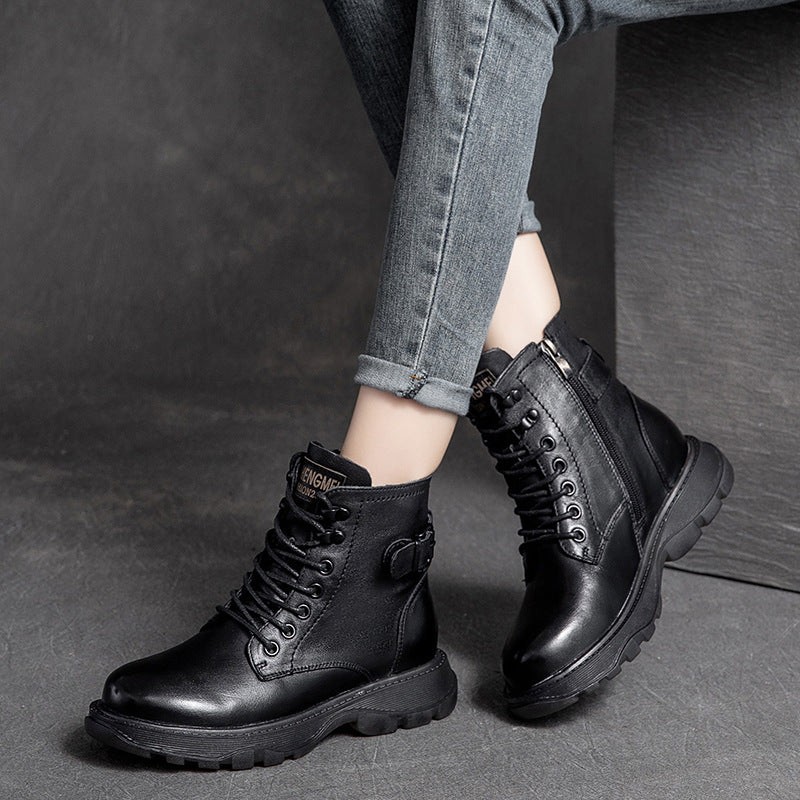 Women's Cowhide Platform Solid Color Belt Buckle Boots