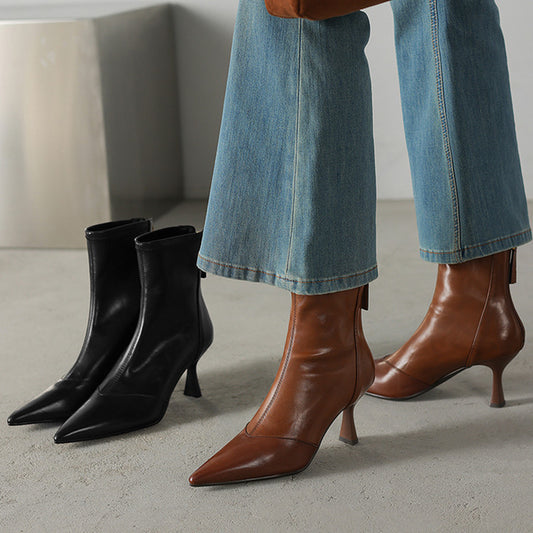 Women's Pointed Ankle Stiletto Zip Cowhide Fashion Brown Heels