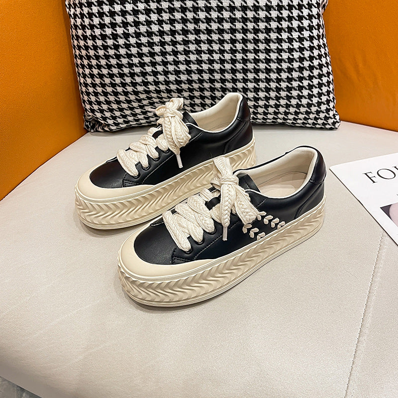 Women's Biscuit White Genuine Four Black Puff Contrast Color Sneakers