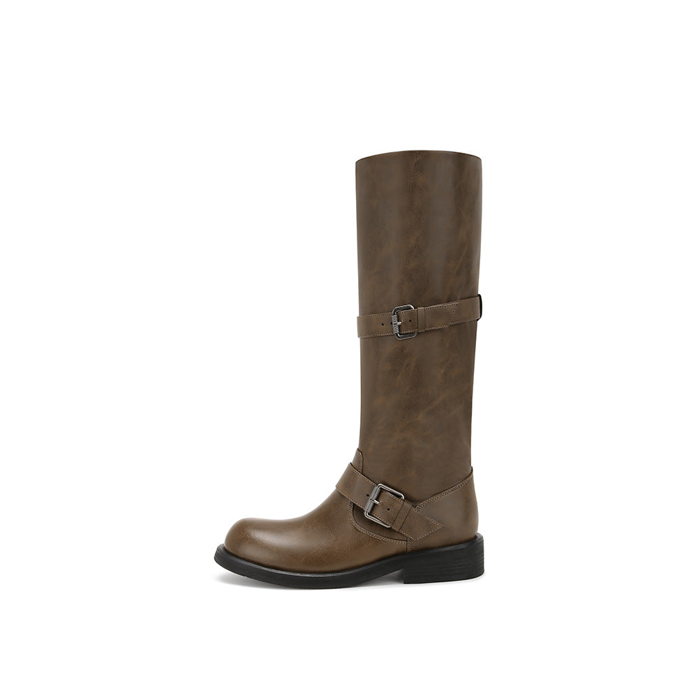 Dune Aesthetics Fleece-lined Vintage Double Buckle Women's Leather Boots