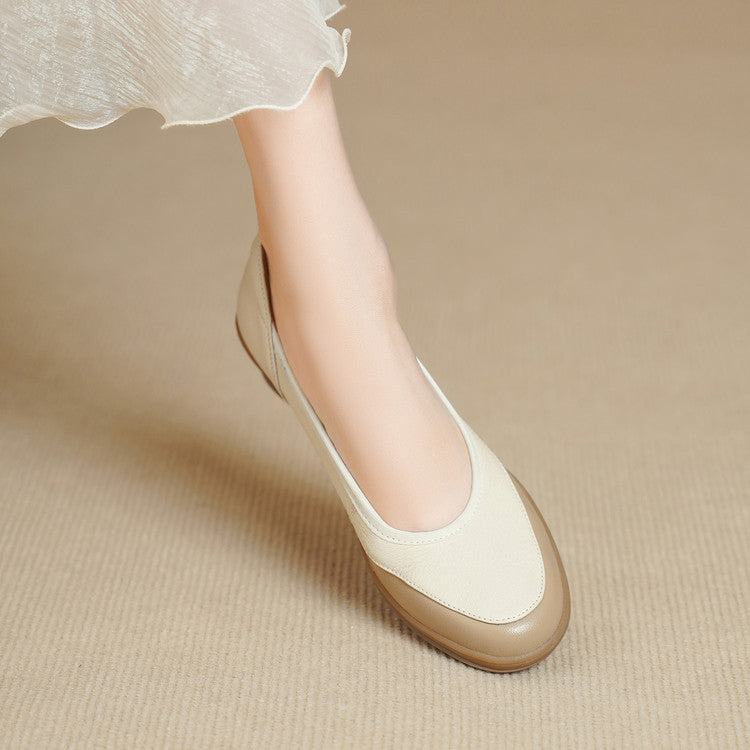 Women's Soft Sheepskin Color Matching Platform Genuine Round Toe Pumps Mid Women's Fashion Shoes