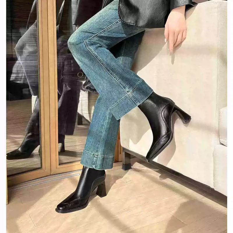 Women's Version Korean Style High Square Toe Skinny Short Chunky Vintage Women's Leather Boots