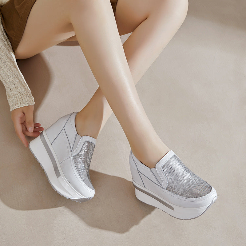 Women's Invisible Elevated Platform Wedge Top Layer Cowhide Slip-on Women's Fashion Shoes