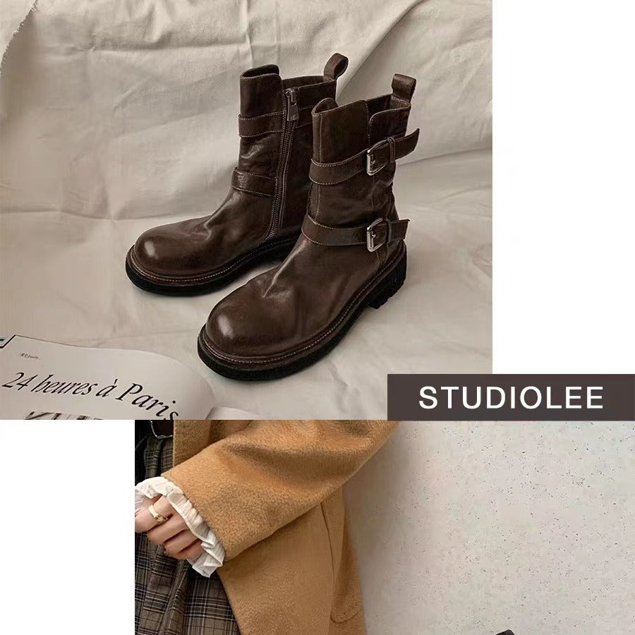 Women's Shrink Horse Round Head Thick Bottom Skinny Ankle Women's Leather Boots