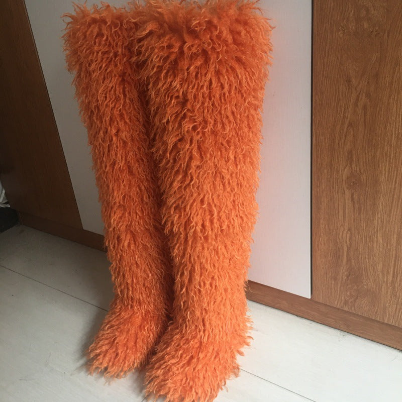 High Imitated Tibet Sheep Fur Thigh Height Over The Snow Boots
