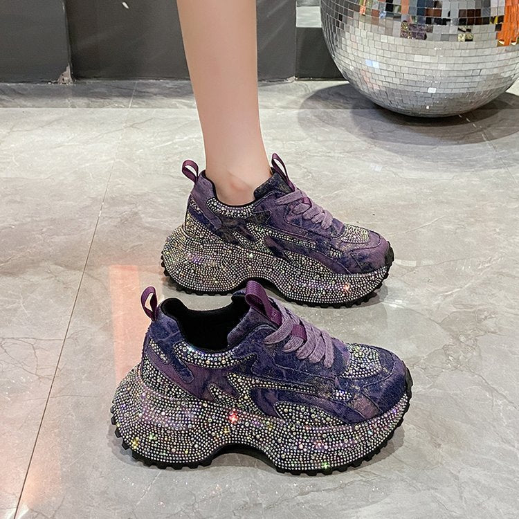 Women's Large Size Starry Rhinestone Dad Platform Height Women's Sports Shoes