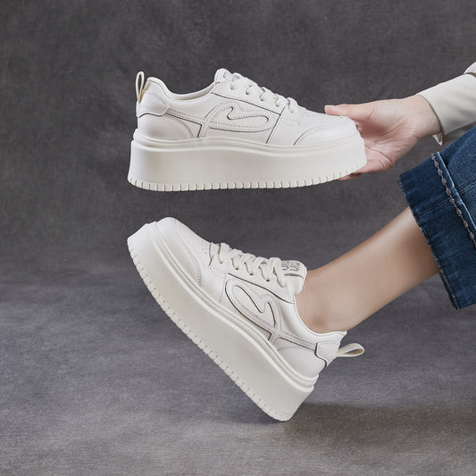 Women's First Layer Cowhide Simple Thick Bottom Hight Increasing Board Spring Women's Casual Shoes