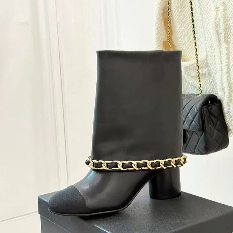 Women's Chain Tube Short Round Head Chunky High-heeled Women's Leather Boots