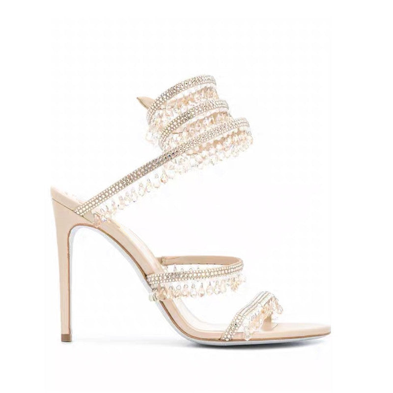 Women's Crystal Pendant Snakelike Winding Rhinestone Tassel Decoration Large Size Flat Sandals