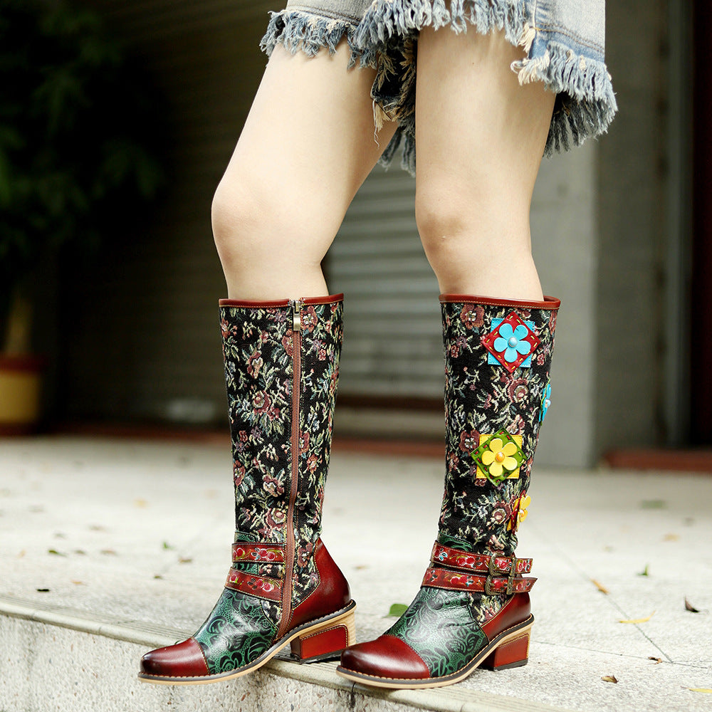 Hand-rub Color Printing Stitching Three-dimensional Flower Belt Buckle Comfortable Boots