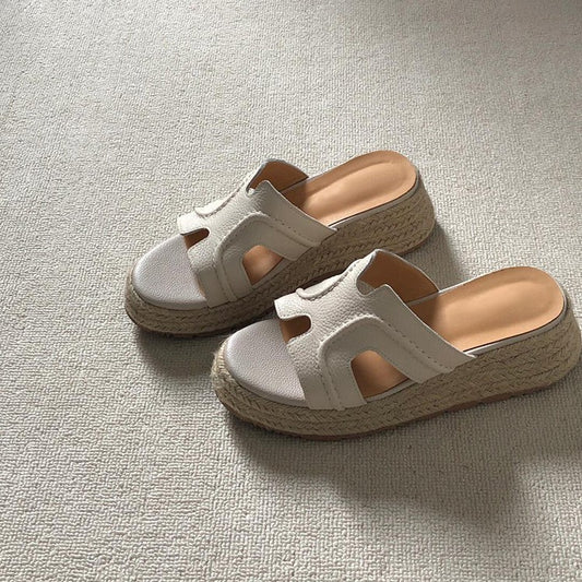 Women's Cowhide Version Straw Woven Platform Outdoor Slippers