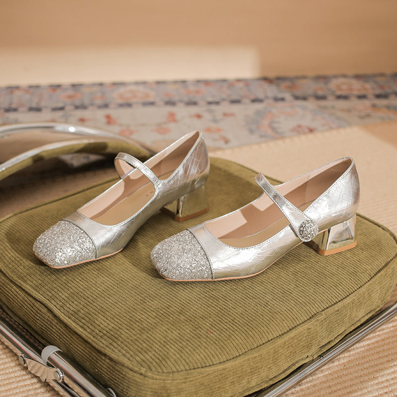 Women's Sheepskin High Chunky Square Toe Mary Jane Mid Women's Fashion Shoes