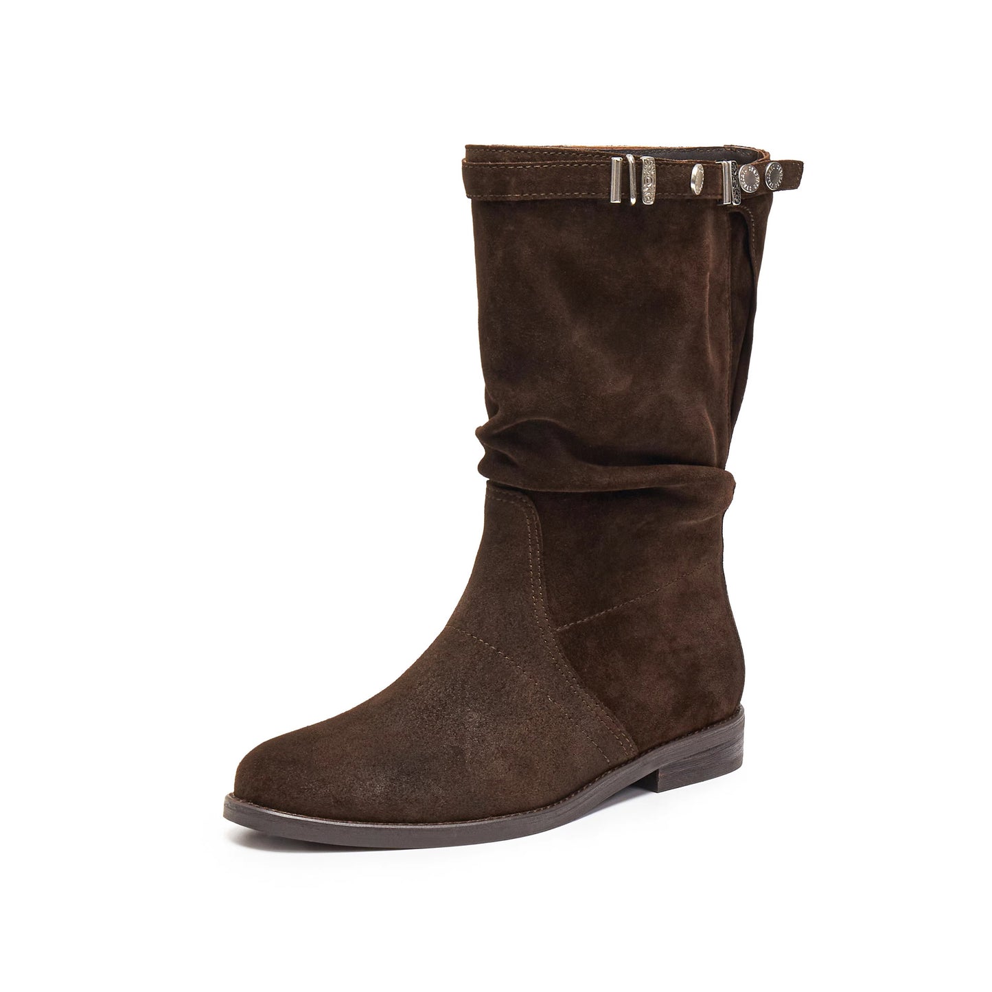 Women's Suede Western Cowboy Belt Buckle Pleated Pile Style Women's Leather Boots