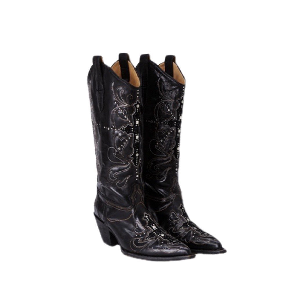 Women's Version Genuine Pointed Rivets Western Cowboy Embroidery Long Women's Leather Boots
