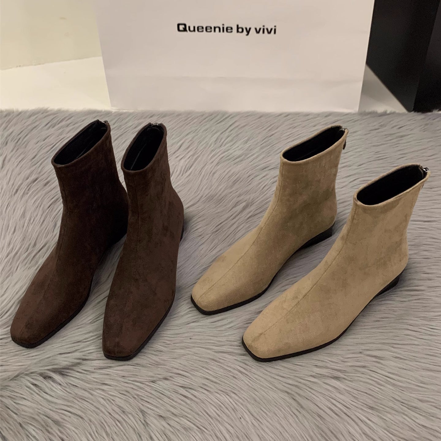 Women's Cowhide Ankle Female Square Toe Suede Korean Style Small French Women's Leather Boots