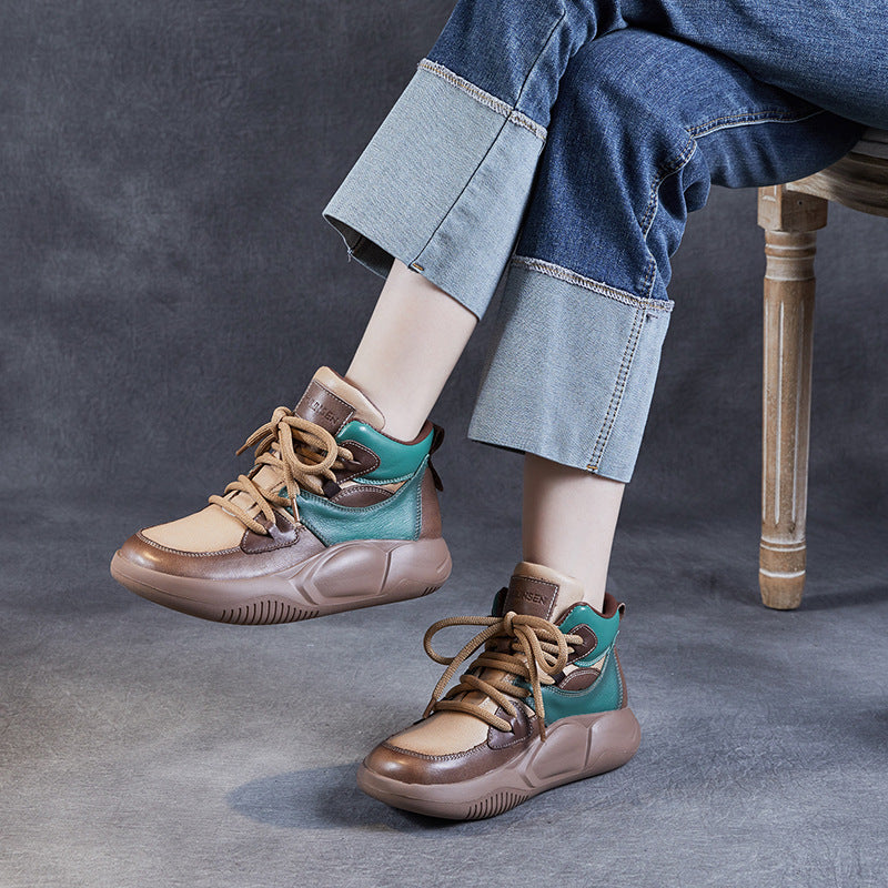 Women's Lace Color Block Thick-soled Mother Top Layer Cowhide Soft Snow Boots