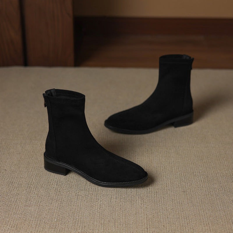 Women's Round Head Chunky Low Ankle Retro Back Zipper Women's Leather Boots