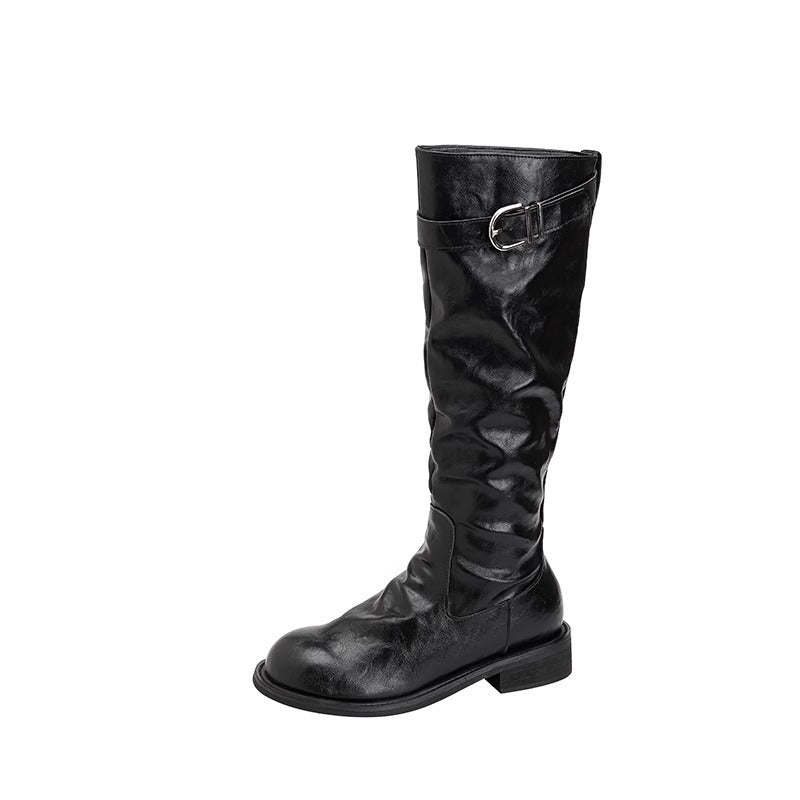 Women's Grape Long Thick Bottom Riding Large Size Pleated Women's Leather Boots