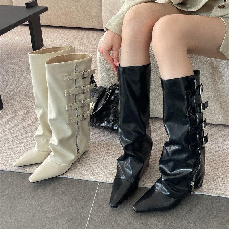Women's Hot Fashion Zipper Belt Buckle High Thick Skinny Long Pants Boots