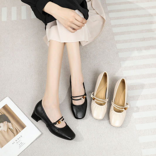 Square Toe Comfortable One-word Buckled Chunky Women's Casual Shoes